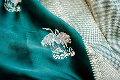 Green Banarasi Mashru Saree Buti Shikargah