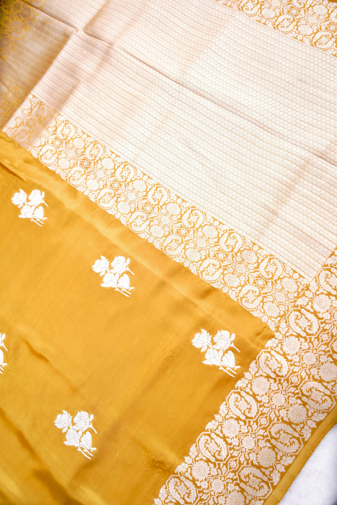 Yellow Crepe Banarasi Saree with Gold &amp; Silver Zari