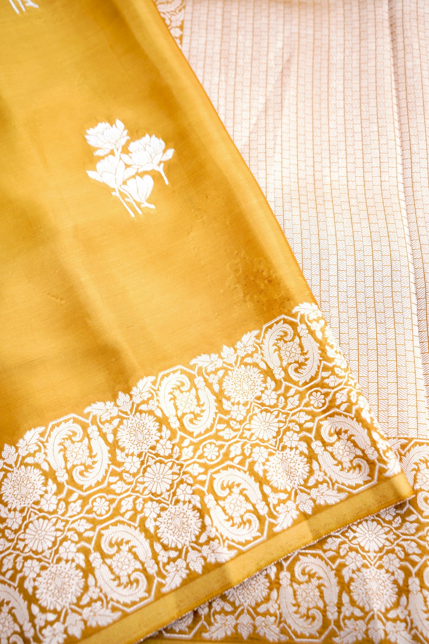 Yellow Crepe Banarasi Saree with Gold &amp; Silver Zari