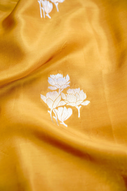 Yellow Crepe Banarasi Saree with Gold &amp; Silver Zari
