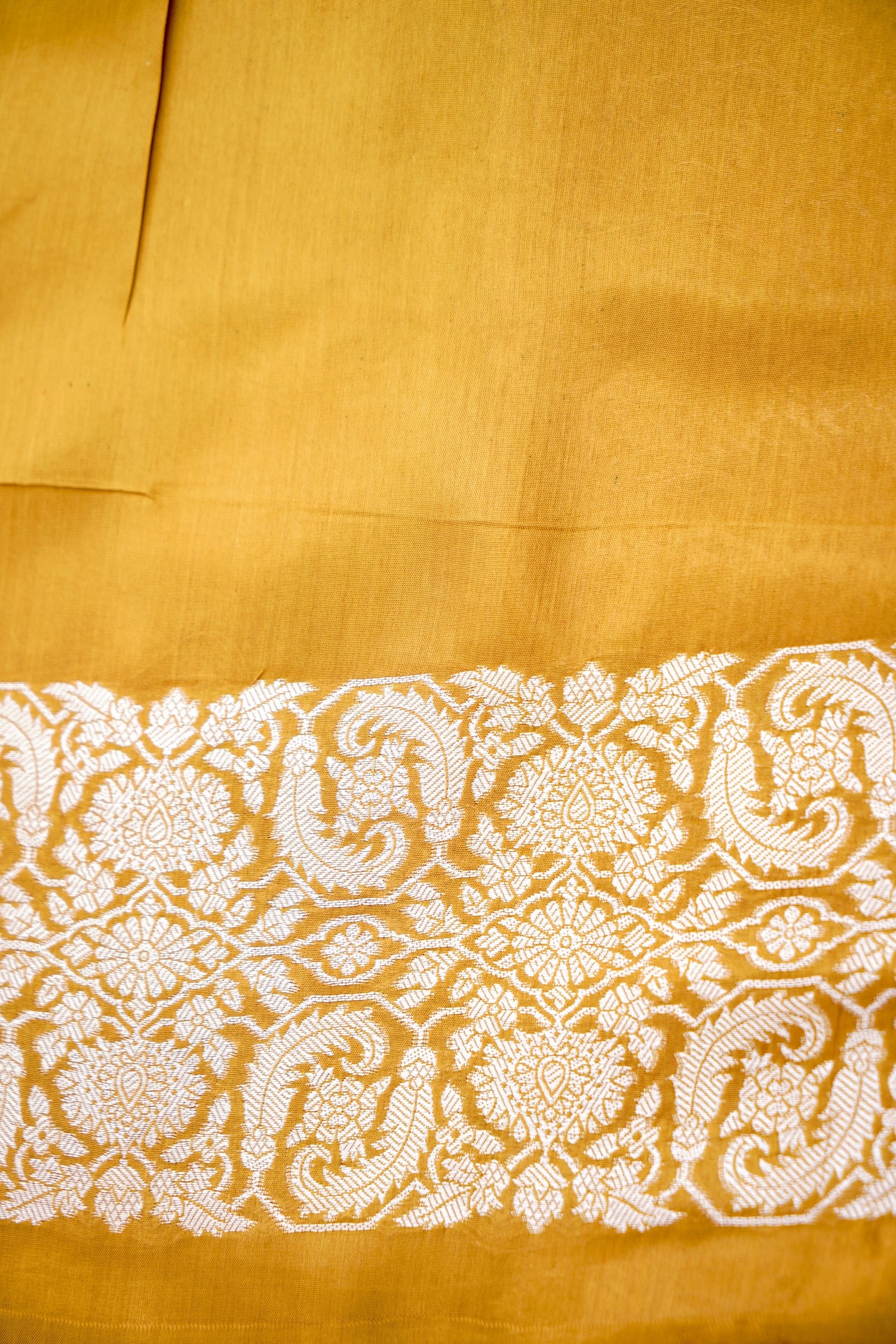 Yellow Crepe Banarasi Saree with Gold &amp; Silver Zari