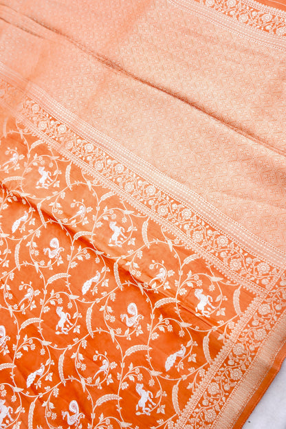 Orange Mashru Jaal Shikargah Banarasi Saree