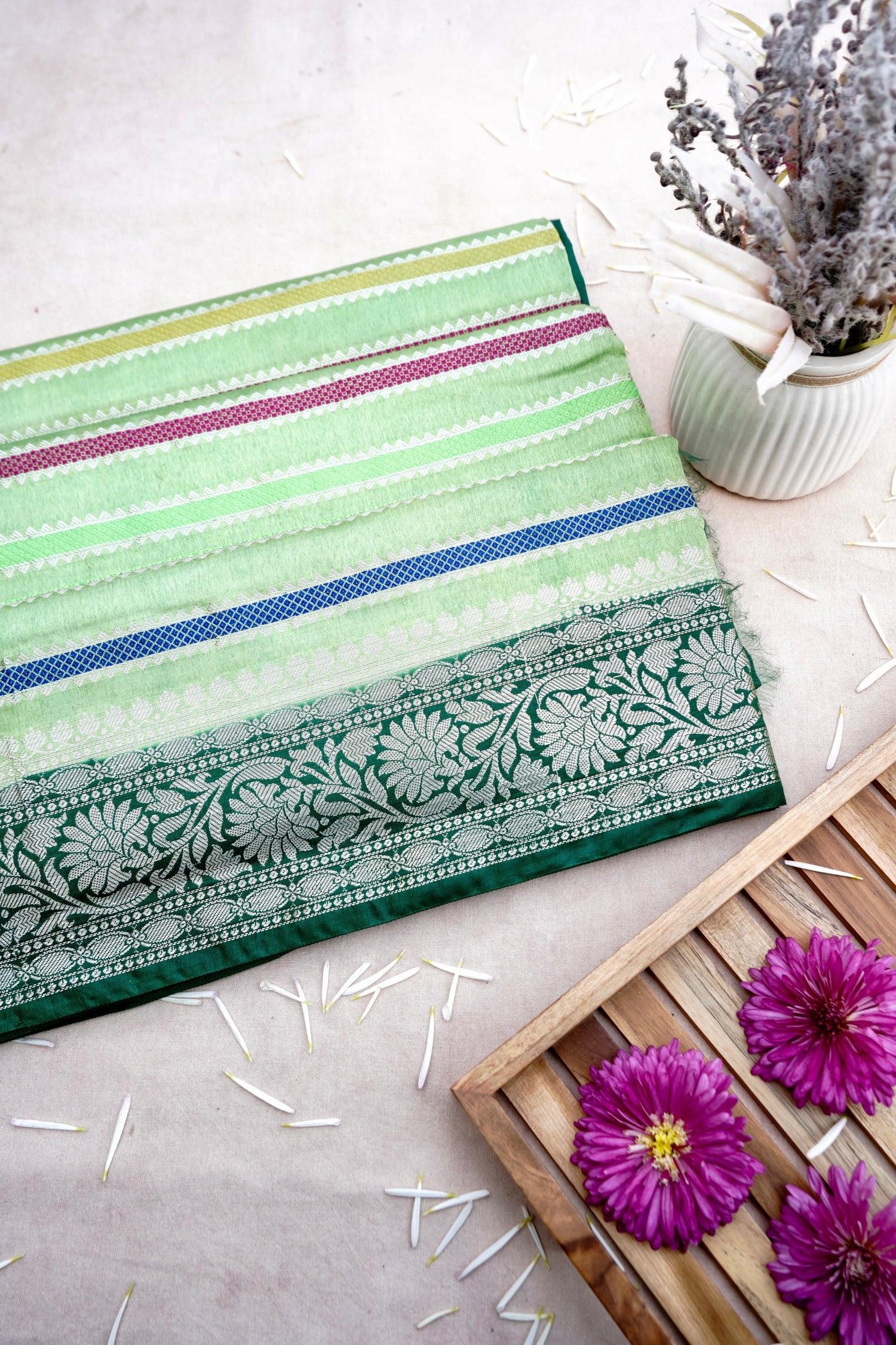 Green Raw Mango Silk Meena Striped Saree