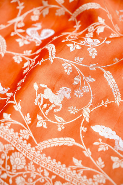 Orange Mashru Jaal Shikargah Banarasi Saree