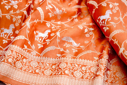 Orange Mashru Jaal Shikargah Banarasi Saree