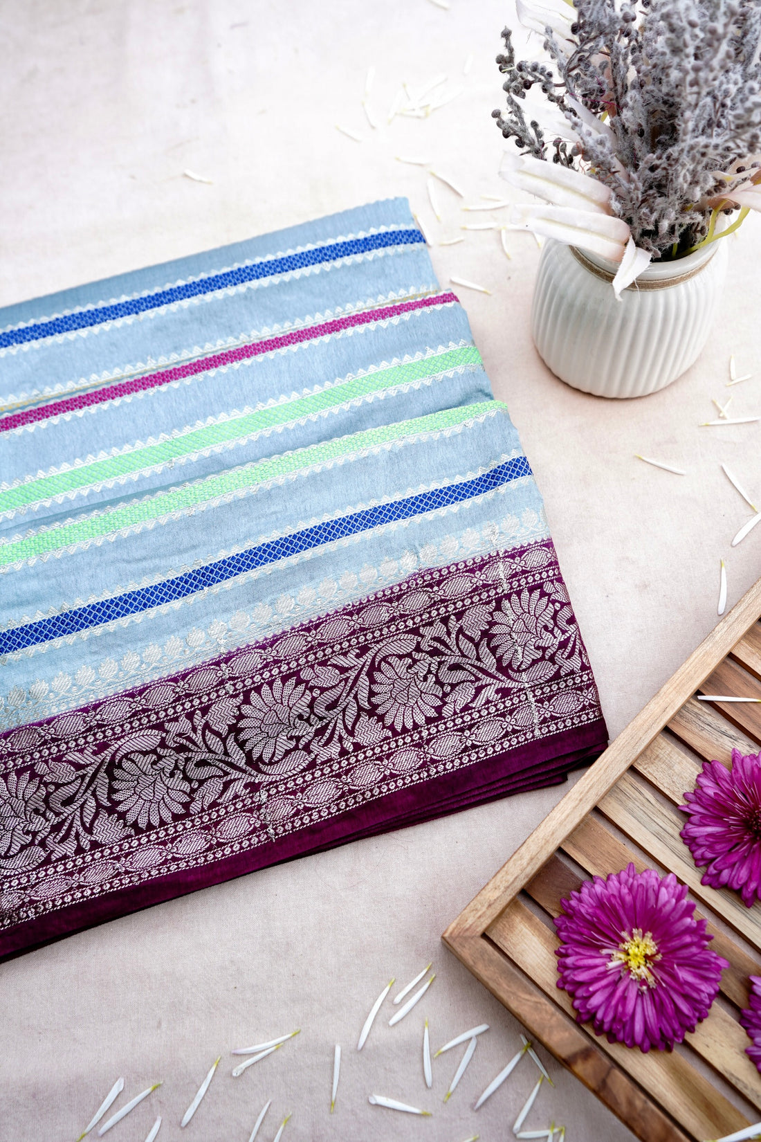 Grey Raw Mango Silk Meena Striped Saree