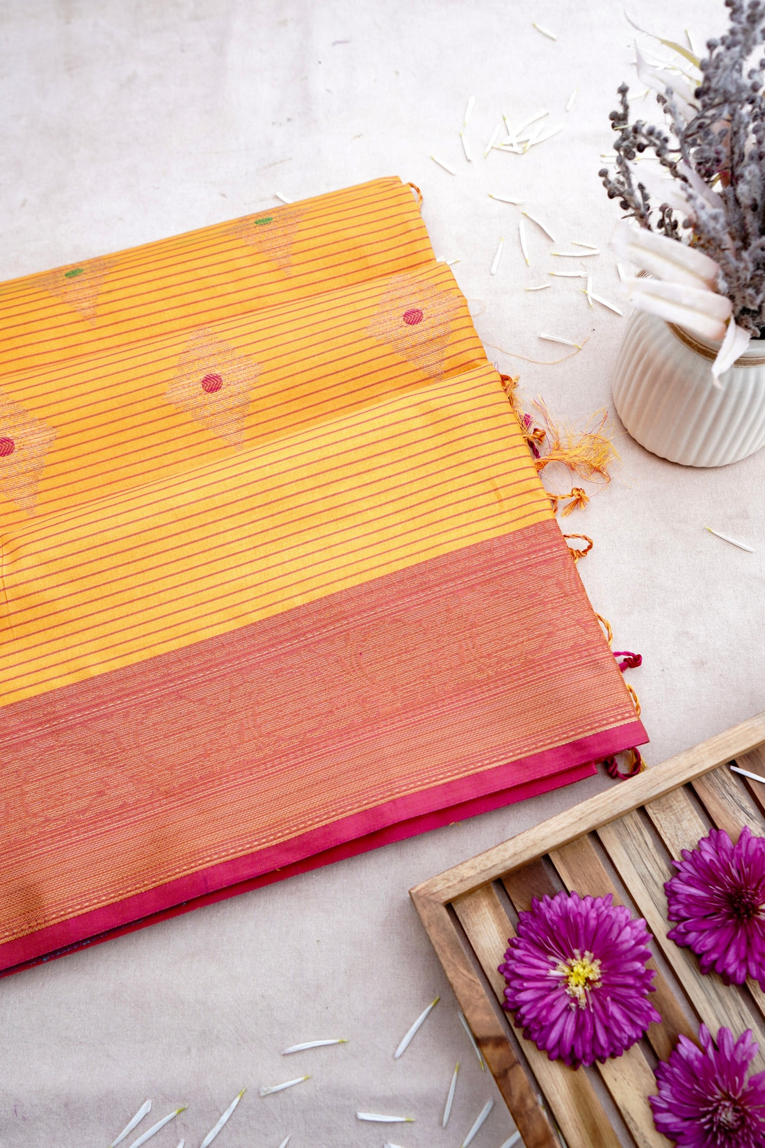 Yellow Banarasi Soft Silk Saree with Contrast Border