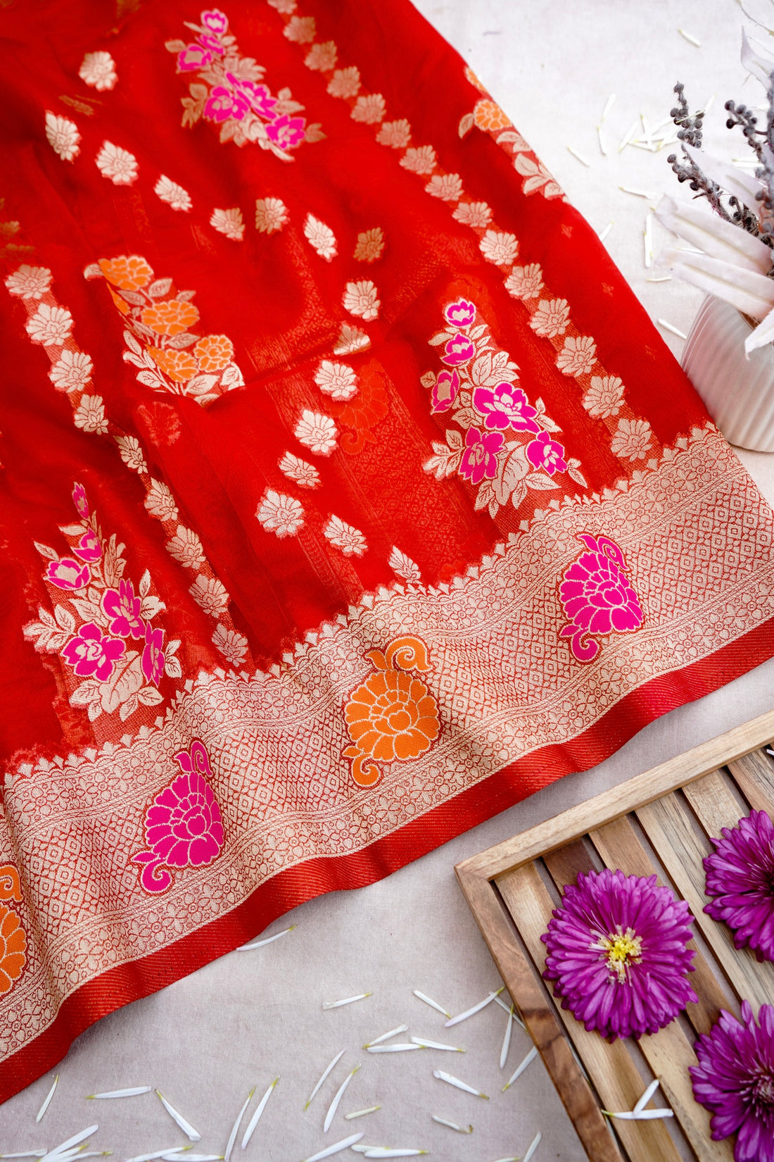 Red Floral Bunch Organza Banarasi Saree with Butis