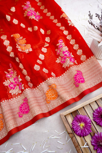 Red Floral Bunch Organza Banarasi Saree with Butis