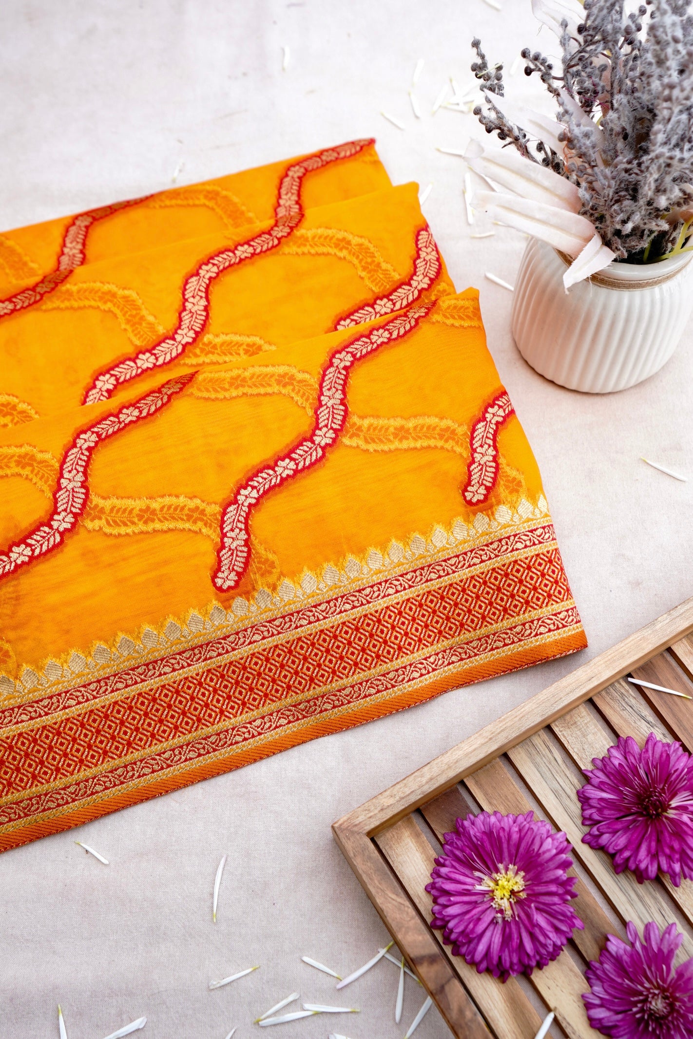 Yellow Adha Jaal Organza Banarasi Saree with Red Meenakari
