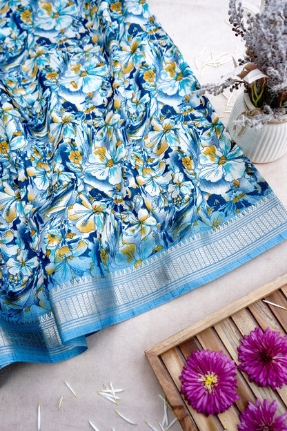 Blue Chanderi Cotton Floral Digital Print Banarasi Saree