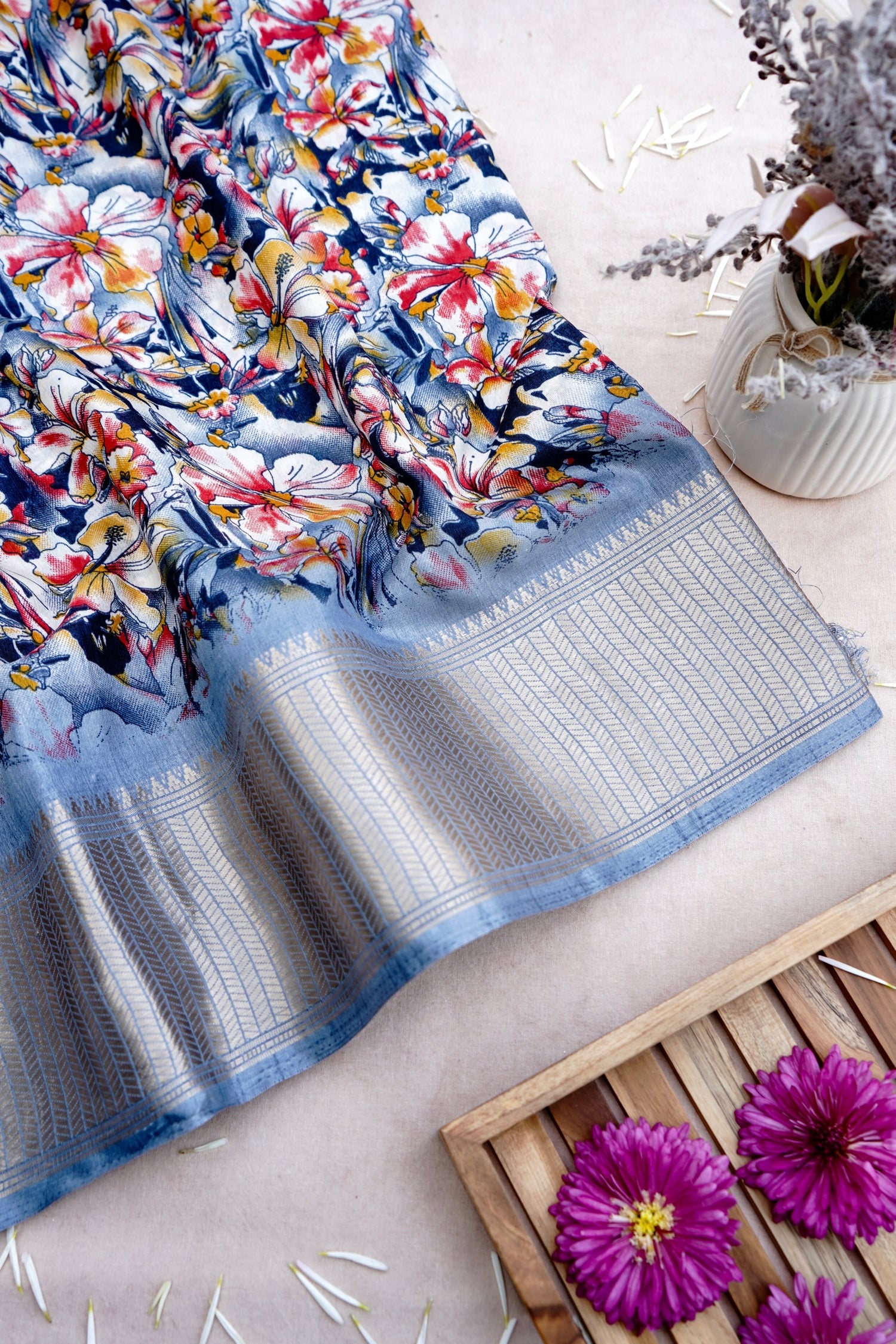 Grey Chanderi Cotton Silk Floral Digital Print Banarasi Saree