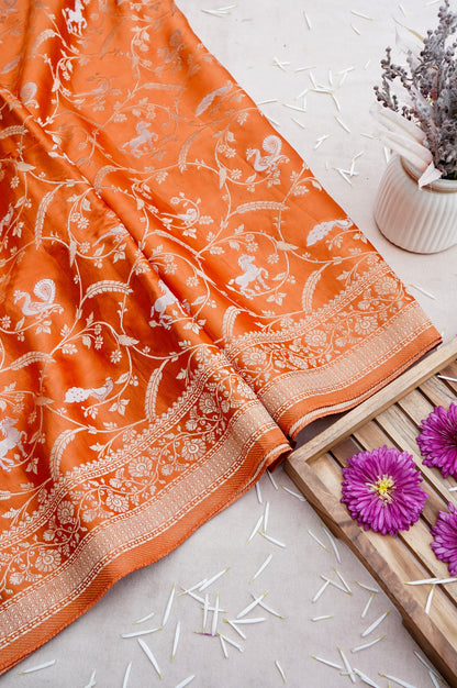 Orange Mashru Jaal Shikargah Banarasi Saree