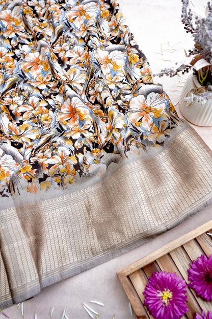 Beige Chanderi Cotton Floral Digital Print Banarasi Saree