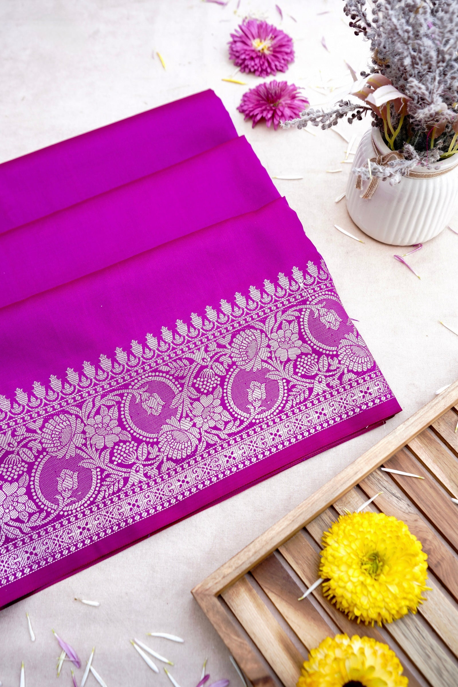 Purple Plain Silk Saree with Border and Pallu