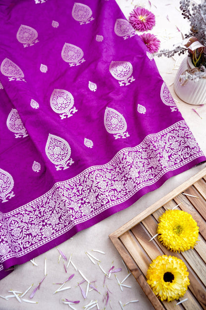 Purple Tanchoi Allover Butis Semi Silk Banarasi Saree