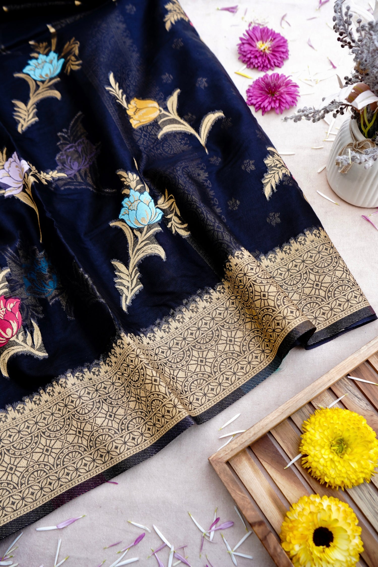 Black Floral Butas Organza Banarasi Saree with Meenakari