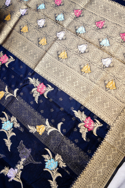 Black Floral Butas Organza Banarasi Saree with Meenakari