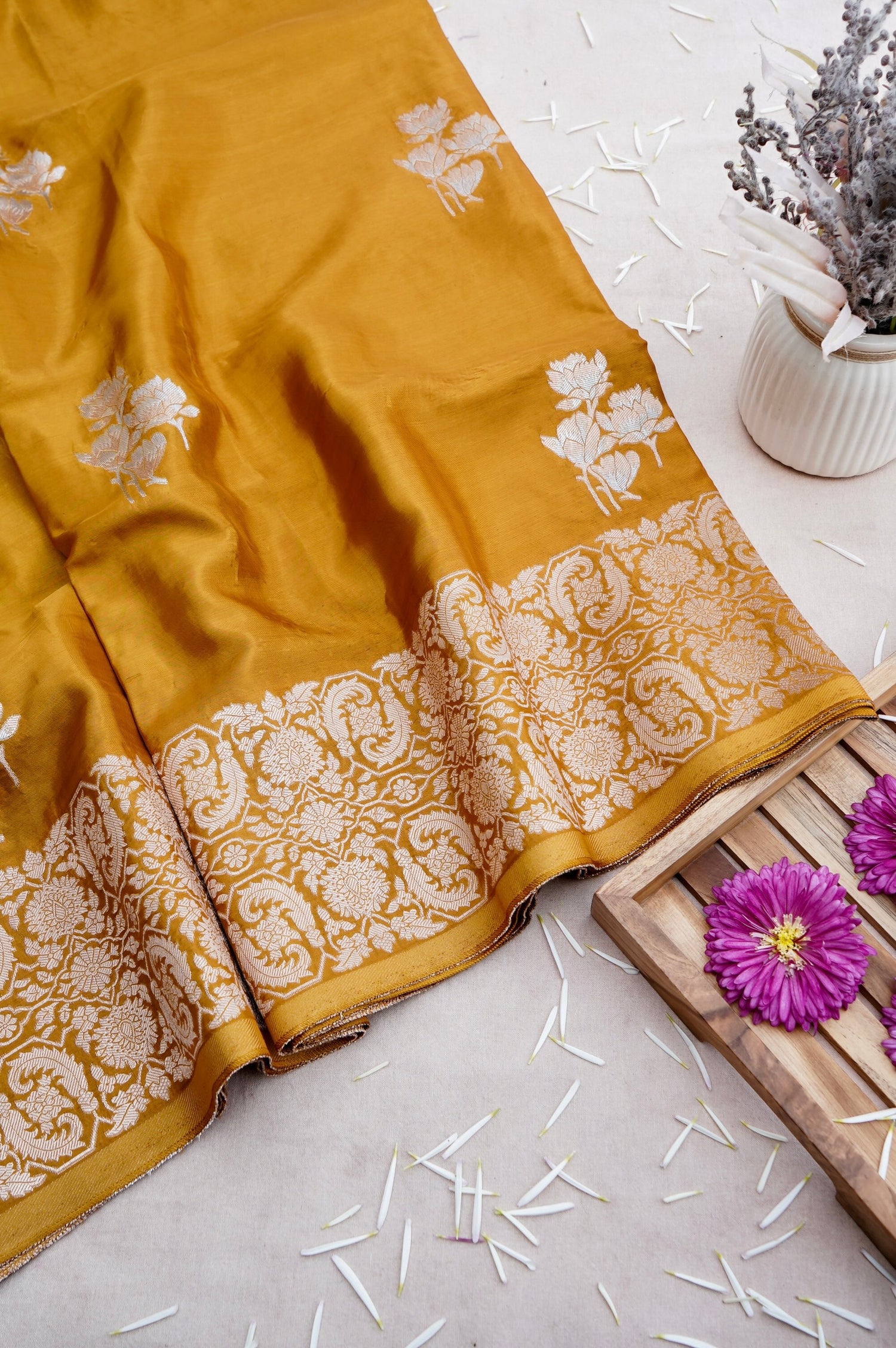 Yellow Crepe Banarasi Saree with Gold &amp; Silver Zari