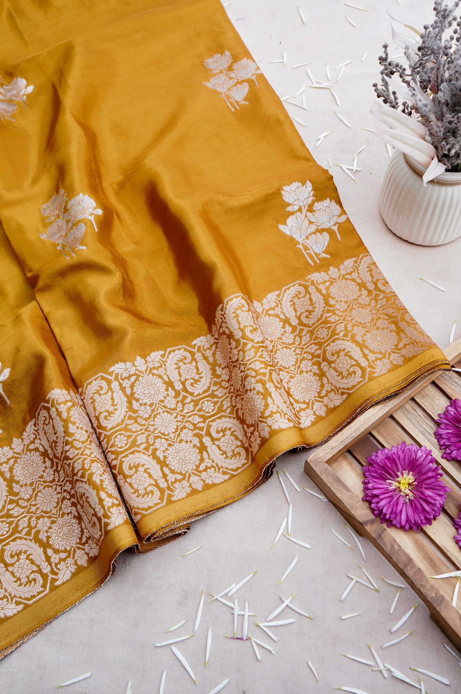 Yellow Crepe Banarasi Saree with Gold &amp; Silver Zari