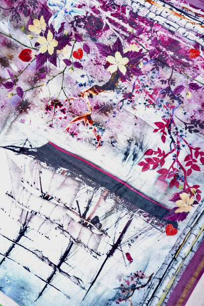 White Chanderi Silk Floral Digital Print Banarasi Saree