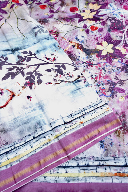 White Chanderi Silk Floral Digital Print Banarasi Saree