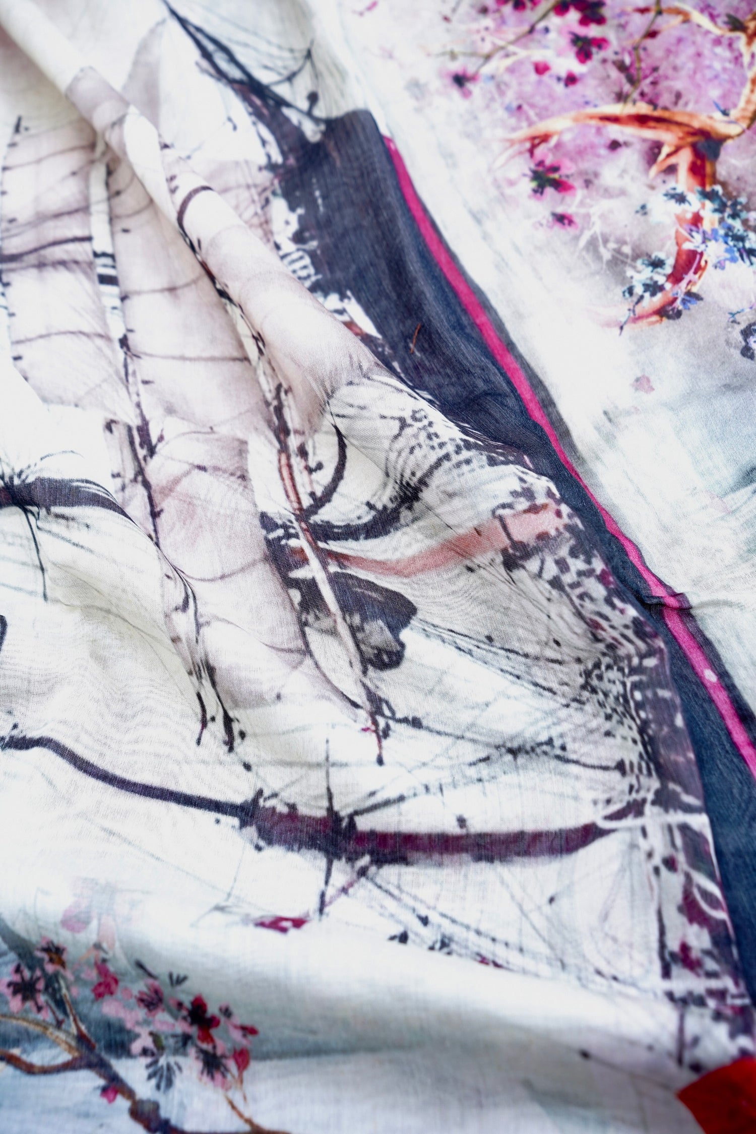 White Chanderi Silk Floral Digital Print Banarasi Saree