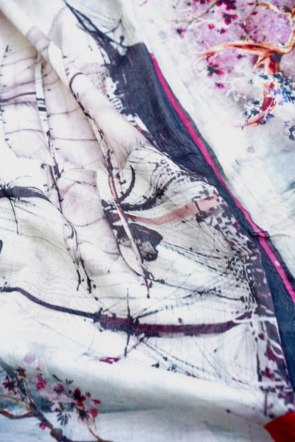 White Chanderi Silk Floral Digital Print Banarasi Saree