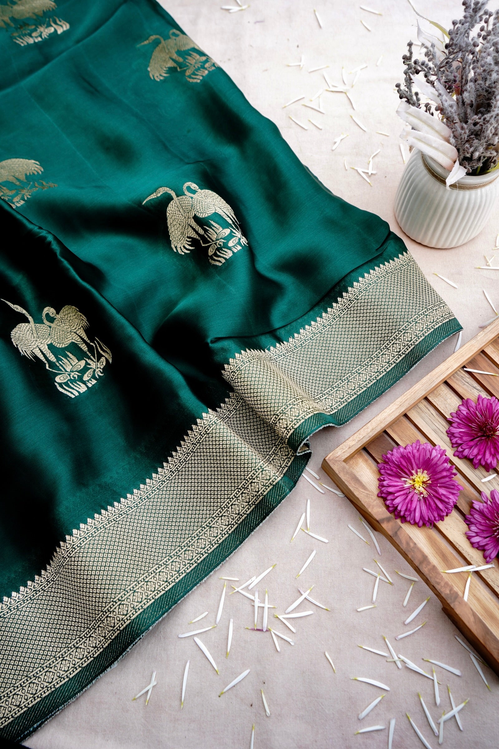 Green Banarasi Mashru Saree Buti Shikargah