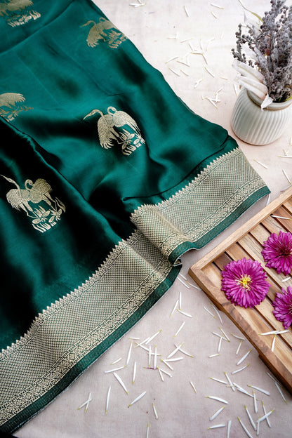Green Banarasi Mashru Saree Buti Shikargah