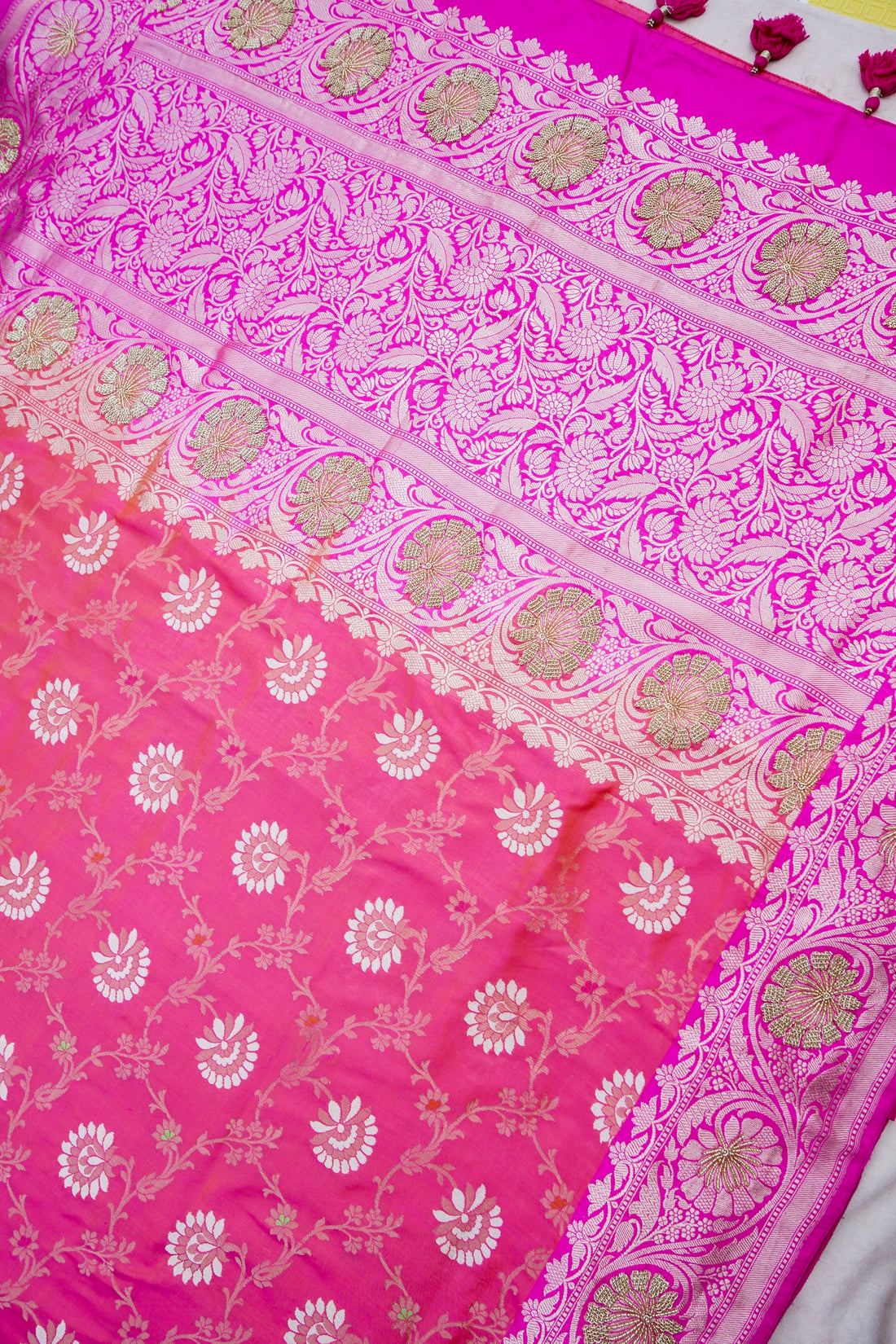Pink Handwoven Kataan Silk Banarasi Saree with Hand Embroidery