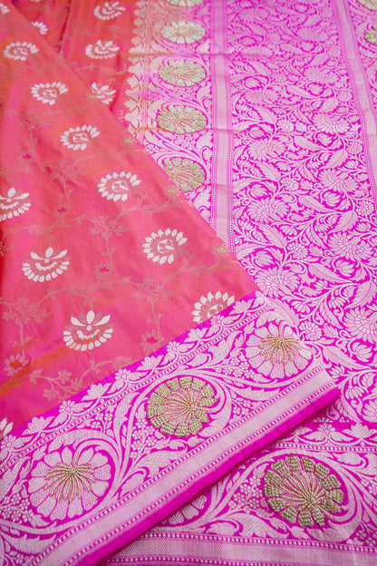 Pink Handwoven Kataan Silk Banarasi Saree with Hand Embroidery