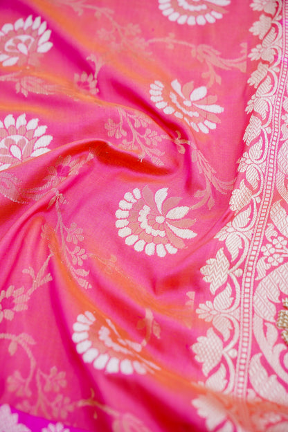 Pink Handwoven Kataan Silk Banarasi Saree with Hand Embroidery