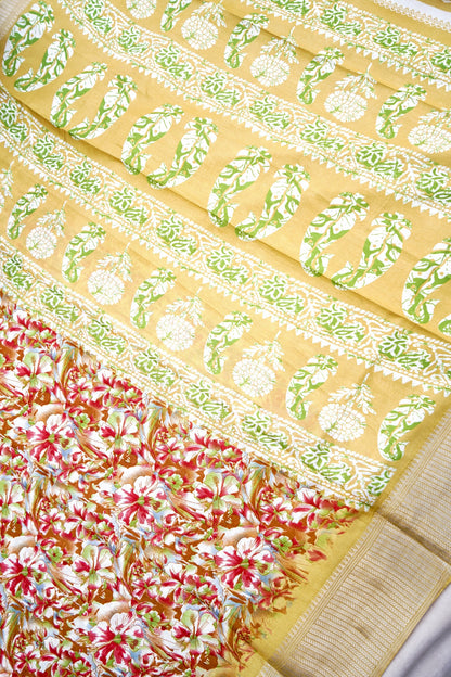 Yellow Chanderi Cotton Floral Digital Print Banarasi Saree
