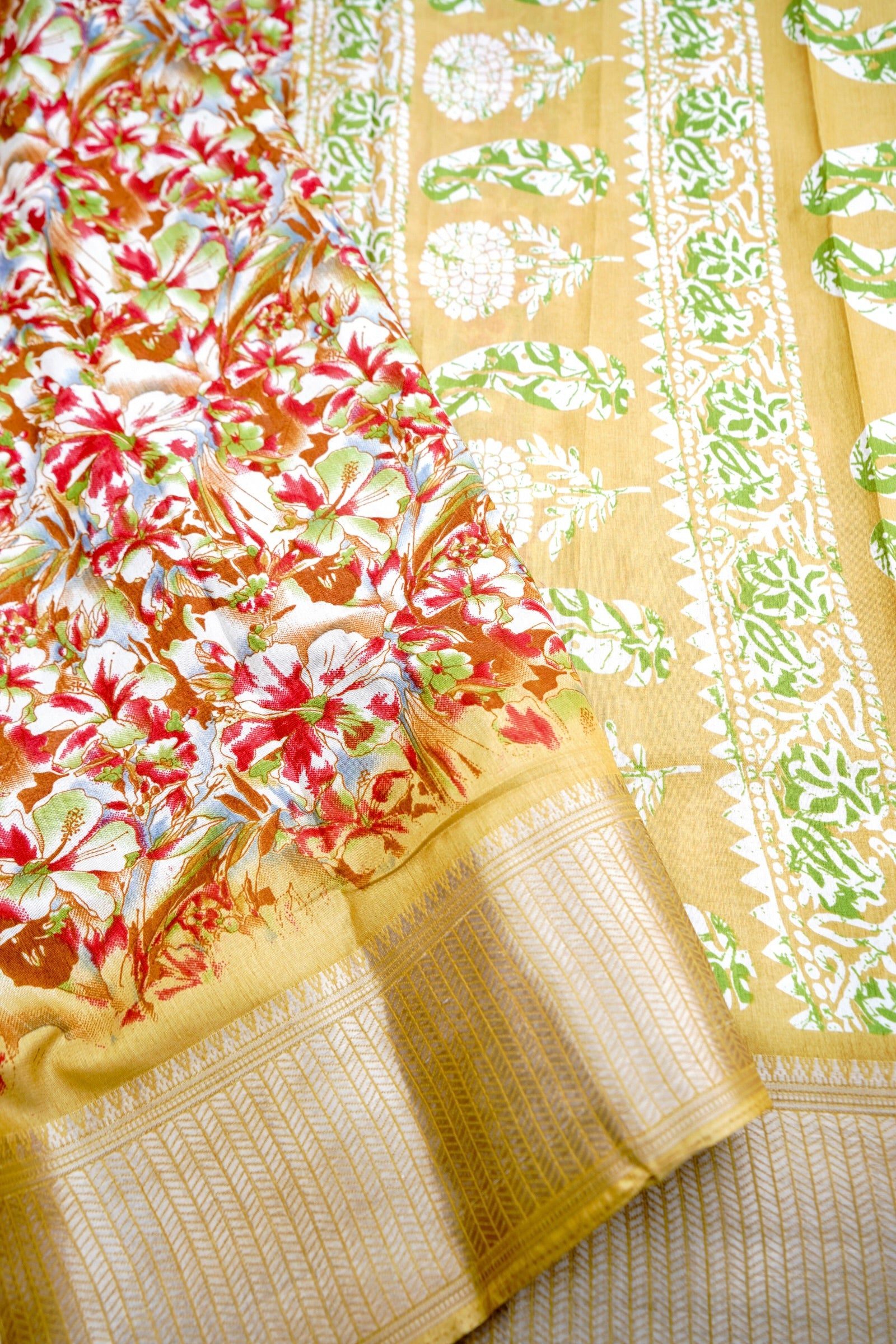 Yellow Chanderi Cotton Floral Digital Print Banarasi Saree