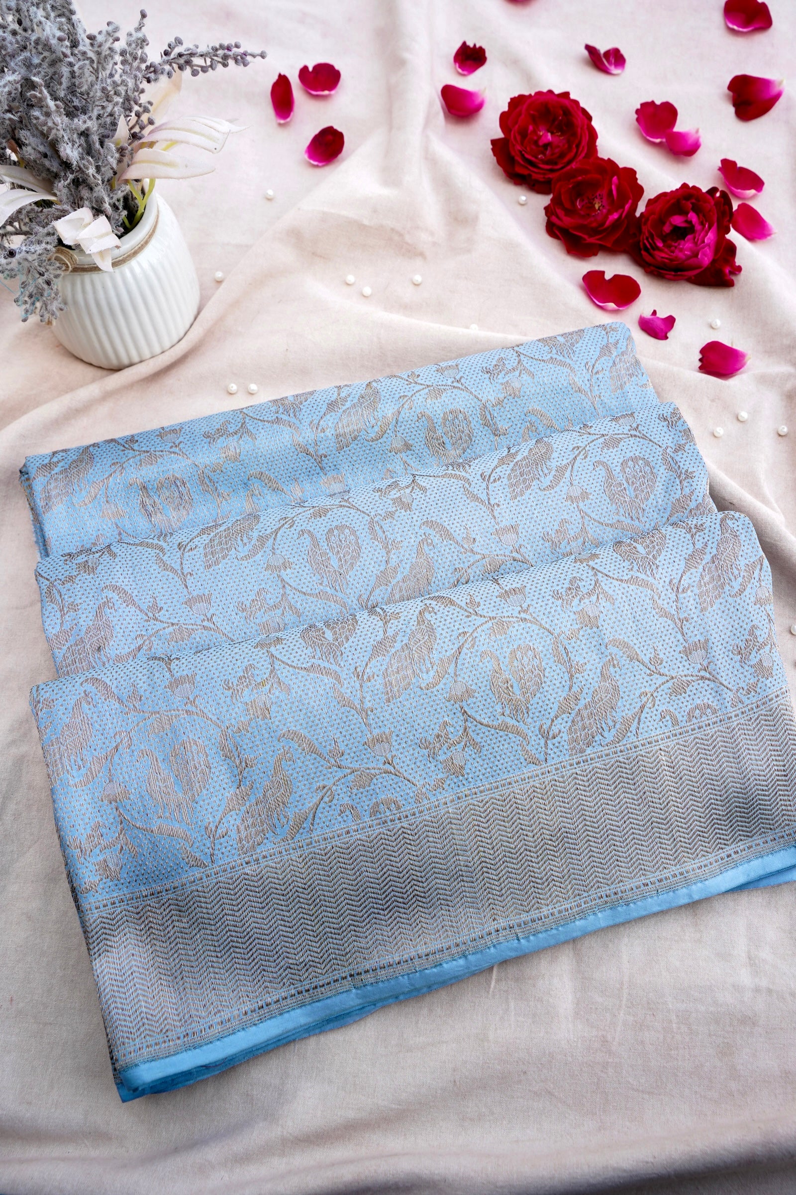Powder Blue Handwoven Pure Kataan Silk Shikaargah Benarasi Saree