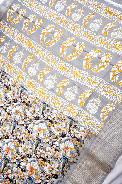 Beige Chanderi Cotton Floral Digital Print Banarasi Saree