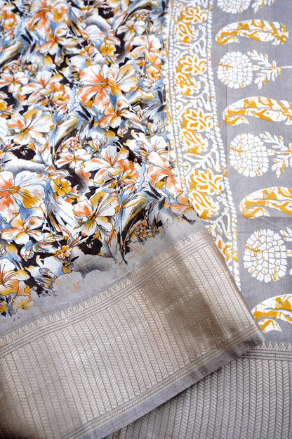 Beige Chanderi Cotton Floral Digital Print Banarasi Saree