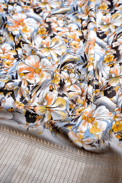 Beige Chanderi Cotton Floral Digital Print Banarasi Saree