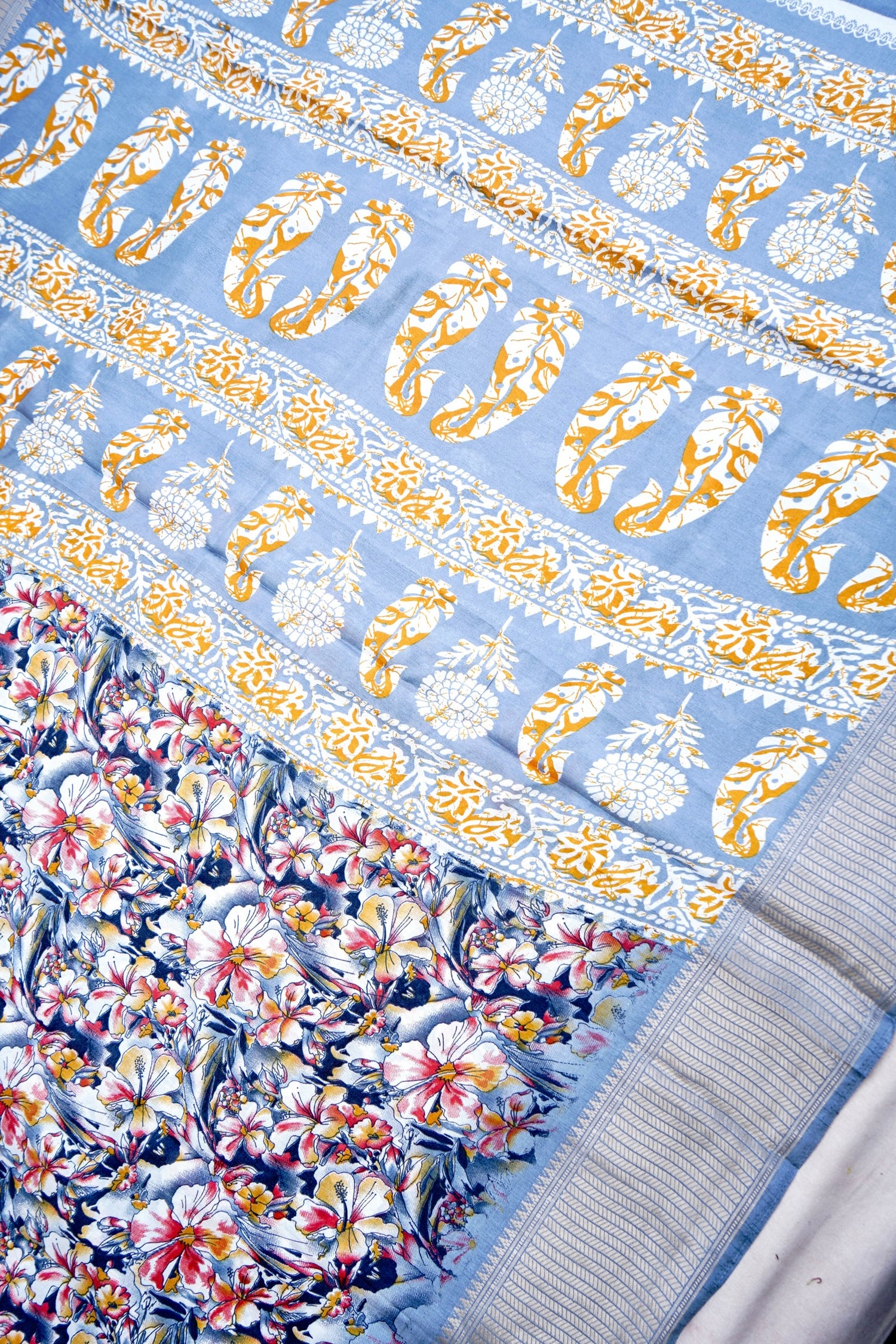 Grey Chanderi Cotton Silk Floral Digital Print Banarasi Saree