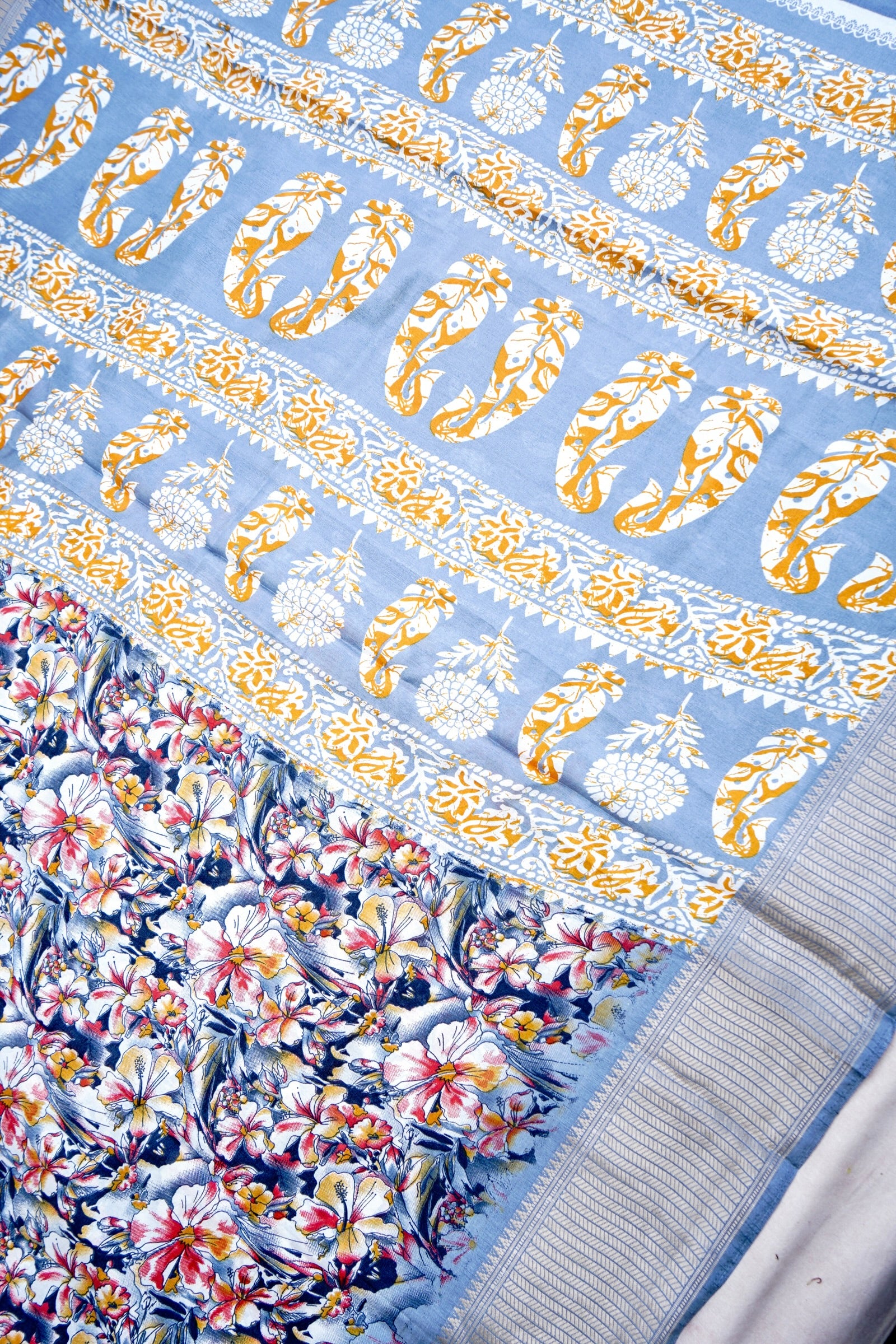 Grey Chanderi Cotton Silk Floral Digital Print Banarasi Saree