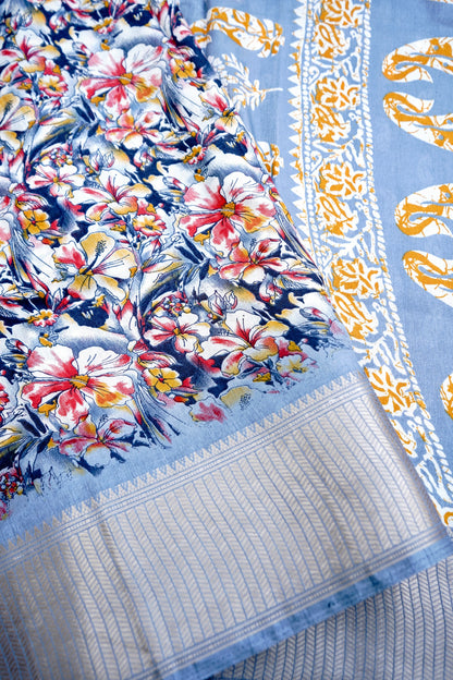Grey Chanderi Cotton Silk Floral Digital Print Banarasi Saree