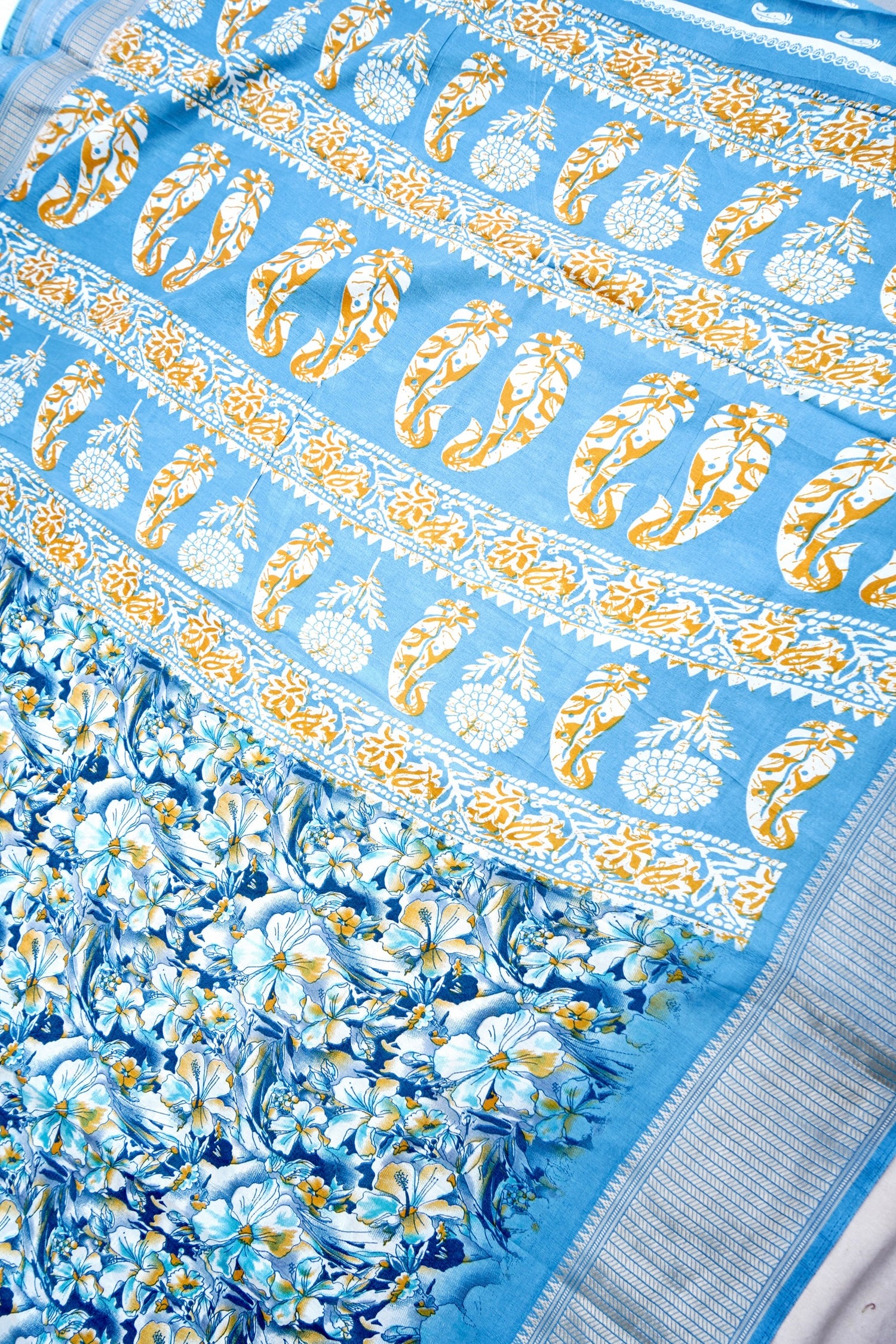 Blue Chanderi Cotton Floral Digital Print Banarasi Saree