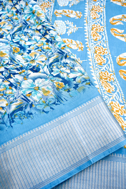 Blue Chanderi Cotton Floral Digital Print Banarasi Saree