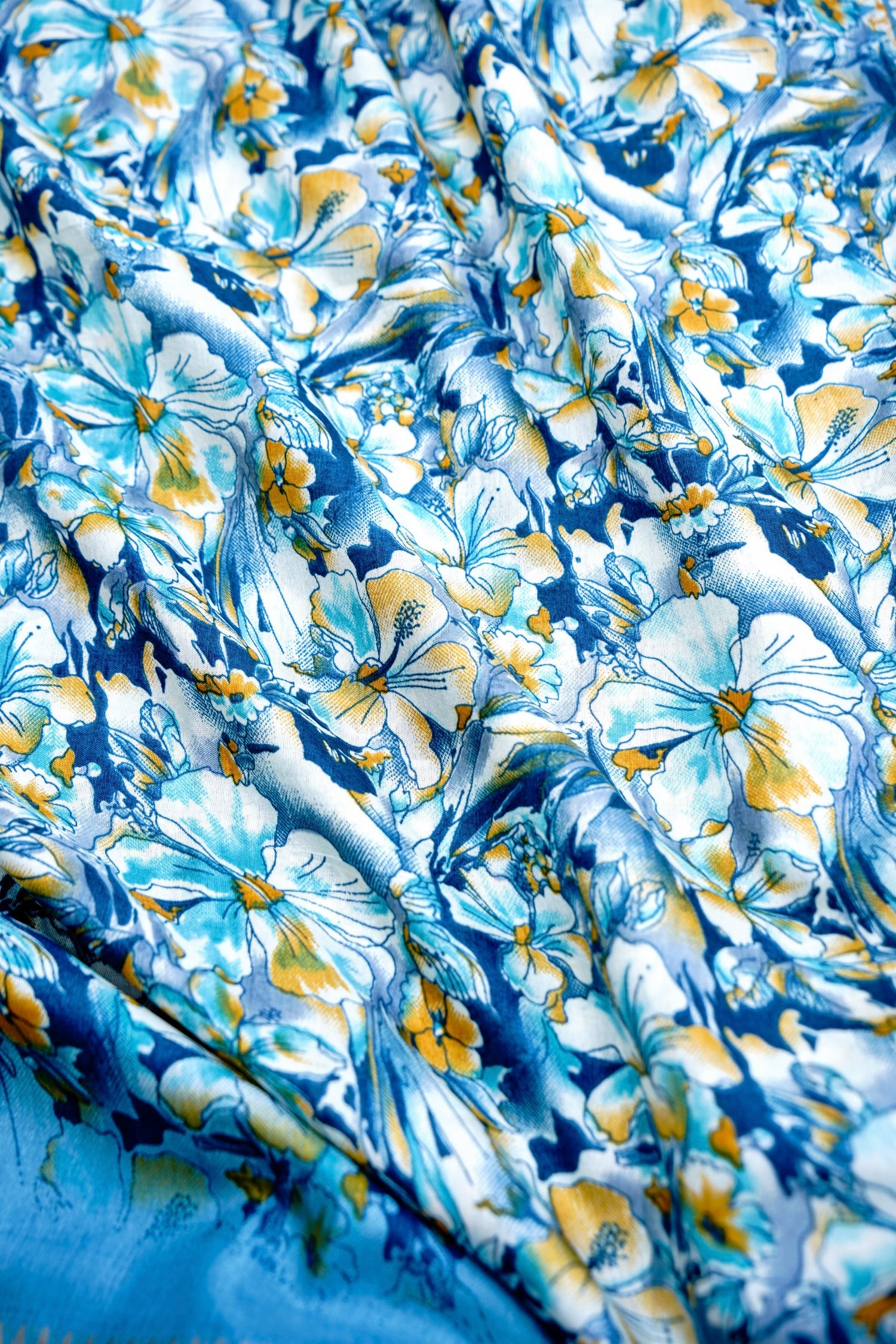 Blue Chanderi Cotton Floral Digital Print Banarasi Saree
