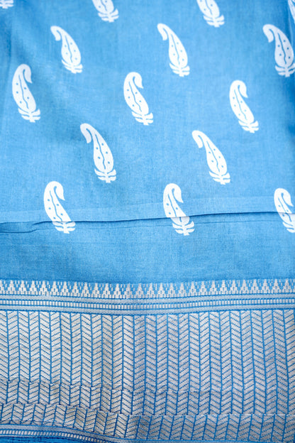 Blue Chanderi Cotton Floral Digital Print Banarasi Saree
