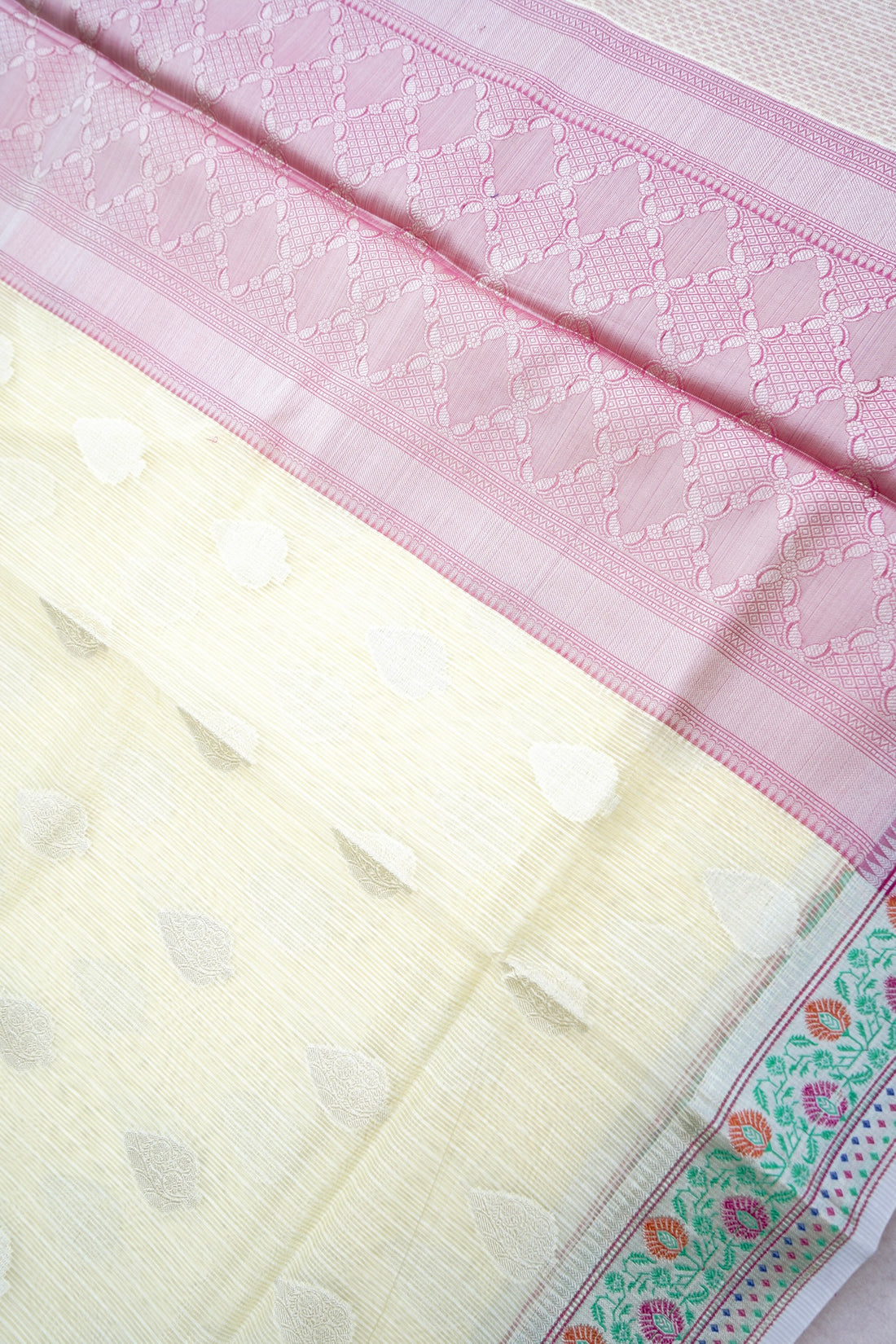 Kota Silk Lemon Yellow Buta Woven Banarasi Saree with Paithani Border