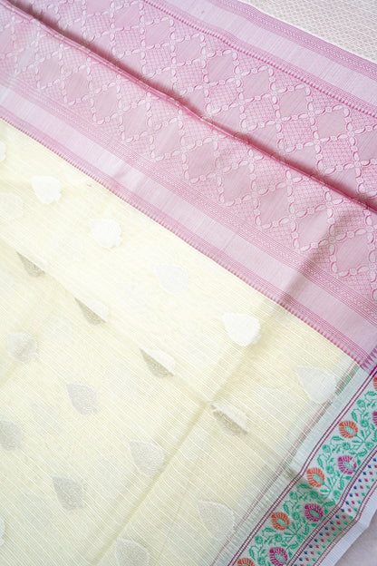 Kota Silk Lemon Yellow Buta Woven Banarasi Saree with Paithani Border