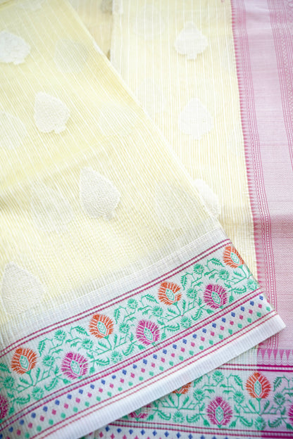 Kota Silk Lemon Yellow Buta Woven Banarasi Saree with Paithani Border
