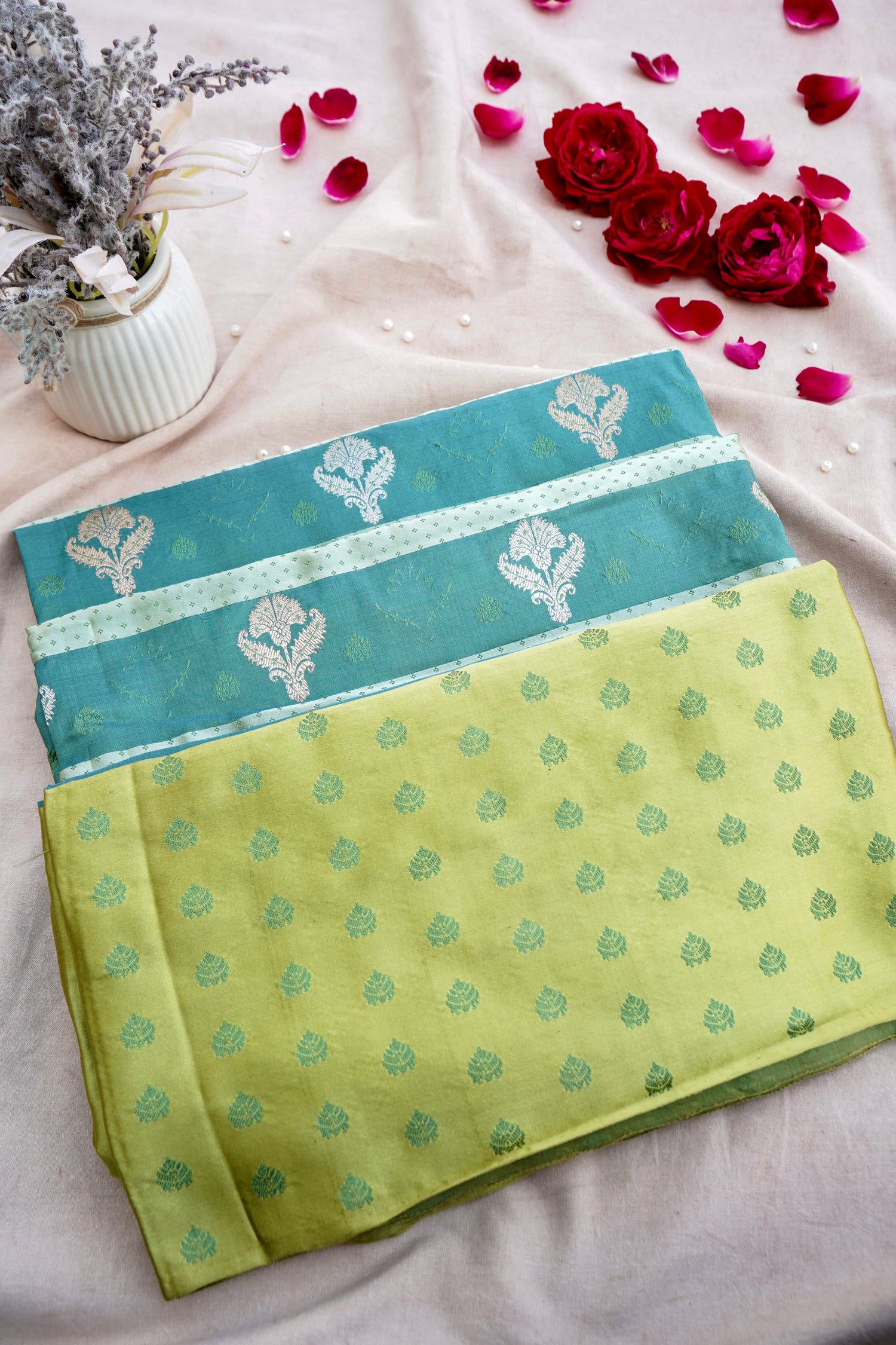 Teal Blue Handwoven Pure Kataan Silk Kadhua Buti Benarasi Saree